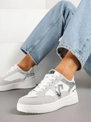 Biało-Szare Sneakersy Ozdobione Metalicznymi Aplikacjami i Brokatem Pilliossa