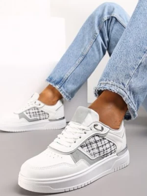 Białe Sneakersy Ozdobione Wstawką z Tweedowego Materiału Saini