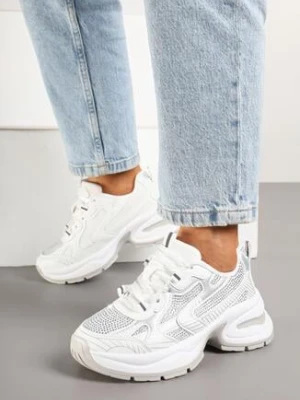 Białe Sneakersy Streetwearowe na Grubej Podeszwie Zdobione Brokatem Felanwea