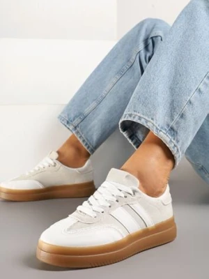 Biało-Beżowe Sneakersy Tenisówki Ozdobione Paskami Falaviela