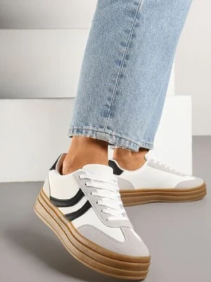 Białe Sneakersy Typu Kultowe Tenisówki na Grubej Podeszwie z Tłoczeniem Lisanitea