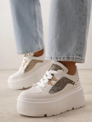 Białe Sneakersy VICES na Koturnie z Brokatem Elanatale