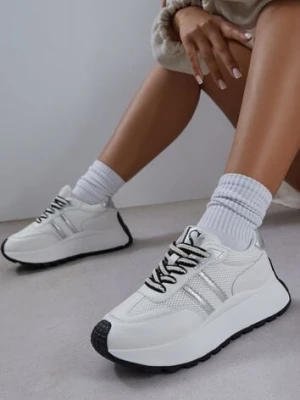 Białe Sneakersy Vices na Platformie z Metalicznymi Paskami Lenela