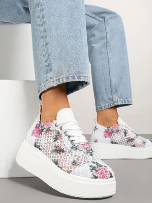 Zdjęcie produktu Białe Sneakersy Vices z Grubą Podeszwą i Kwiatową Ażurową Cholewką Ardisov