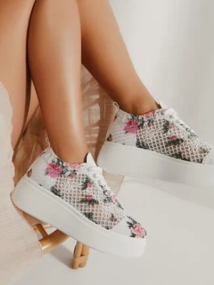 Białe Sneakersy Vices z Grubą Podeszwą i Kwiatową Ażurową Cholewką Ardisov