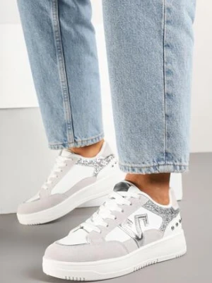 Biało-Szare Sneakersy z Brokatem i Metalicznymi Ozdobami Pillara