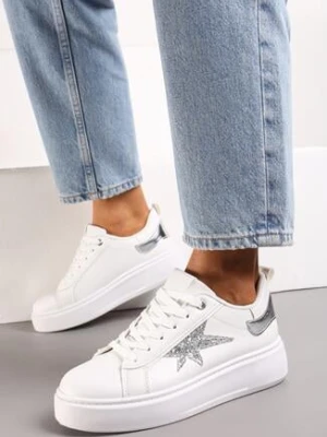 Białe Sneakersy z Ekoskóry na Platformie z Brokatową Gwiazdką Lominia