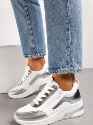 Biało-Srebrne Sneakersy z Ekoskóry z Połyskującymi Detalami i Ozdobnym Zamkiem Raviles