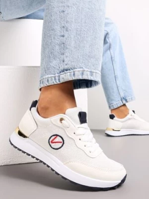 Białe Sneakersy z Haftowaną Naszywką i Metaliczną Wstawką Elnara