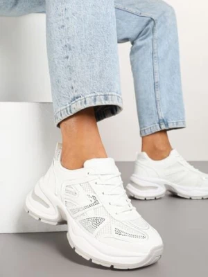 Białe Sneakersy Zdobione Cyrkoniami na Podeszwie z Tłoczeniami Raviora
