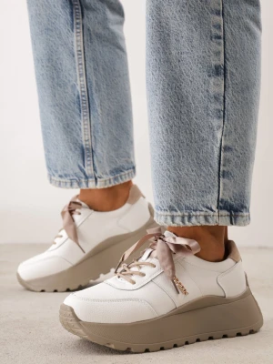 Białe Sneakersy ze Skóry na Platformie ze Sznurówkami i Wstażkami Giulitta Goodin