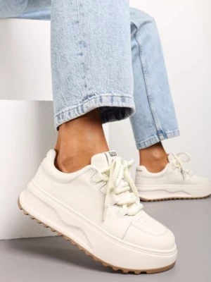 Białe Sneakersy ze Skóry Naturalnej z Platformą i Szerokimi Sznurówkami Talthea