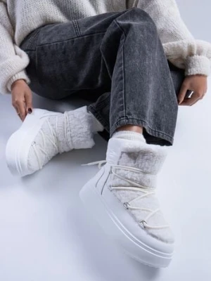 Białe Śniegowce Vices na Platformie ze Sznurowaniem i Futerkiem Nomicea