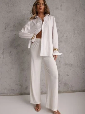 Białe Spodnie z Bawełną o Szerokim Kroju z Cyrkoniami Azirene ab. ambitonfly