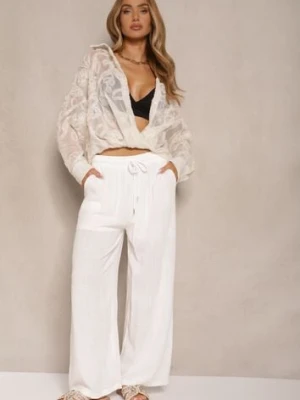 Białe Spodnie z Bawełny o Prostych Nogawkach z Gumką i Sznurkiem w Pasie Efrara defox