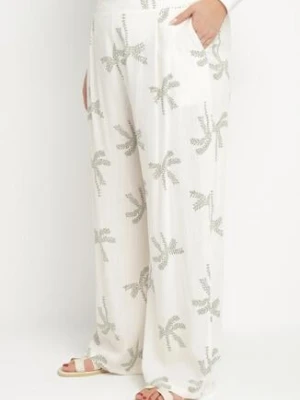 Białe Spodnie z Wiskozy i Lnu w Delikatny Print z Wysokim Stanem Tassemi melya by melody