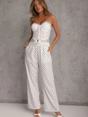 Białe Szerokie Spodnie Casual High Waist w Groszki Ozdobione Perełką Mesalin daysie