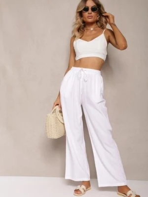 Białe Szerokie Spodnie z Wiskozy z Dodatkiem Lnu Delsira retro & icone