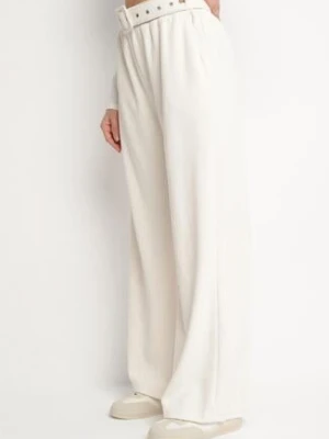 Białe Szerokie Sztruksowe Spodnie z Wysokim Stanem i Materiałowy Paskiem Omerin defox