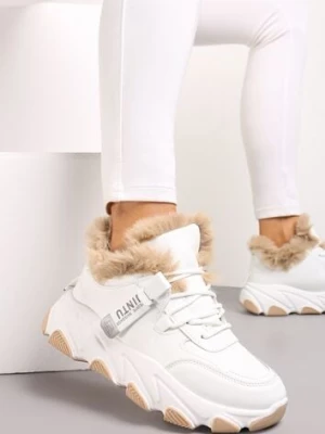 Białe Sznurowane Sneakersy Chunky z Futerkiem i Grubą Podeszwą Nimfore