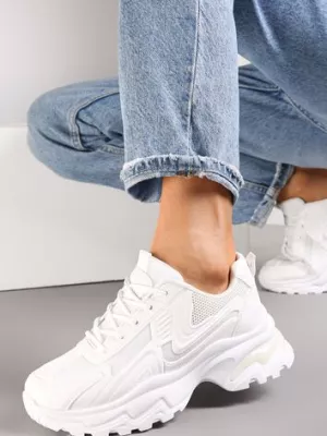 Białe Sznurowane Sneakersy na Grubej Podeszwie Elava