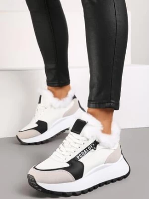 Białe Sznurowane Sneakersy na Grubej Podeszwie Ozdobione Futerkiem i Napisem Zinira