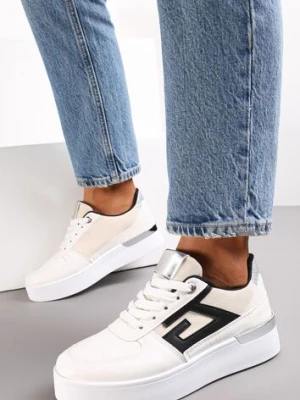 Białe Sznurowane Sneakersy na Grubej Podeszwie z Metaliczną Wstawką Faeline