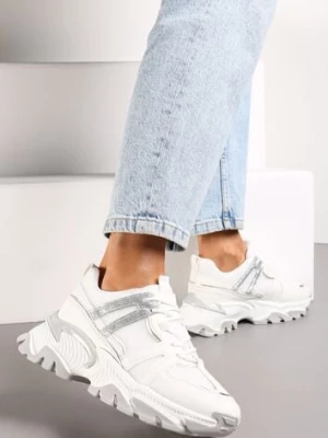 Białe Sznurowane Sneakersy na Grubej Podeszwie ze Wstawkami i Brokatem Widgeta