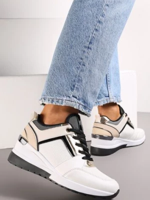 Białe Sznurowane Sneakersy na Niskim Koturnie z Perforacją i Przeszyciami Anabrenda