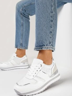 Białe Sznurowane Sneakersy na Piankowej Podeszwie z Błyszczącymi Wstawkami Telise