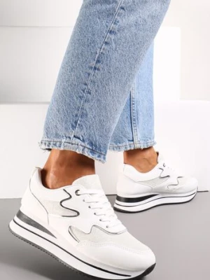 Białe Sznurowane Sneakersy na Płaskiej Grubej Podeszwie z Brokatem Sincla