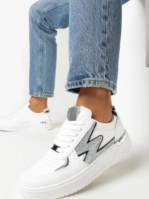 Białe Sznurowane Sneakersy na Płaskiej Podeszwie z Metaliczną i Brokatową Wstawką Mebassa