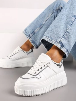Białe Sznurowane Sneakersy na Platformie Ozdobione Panterką Ivenora