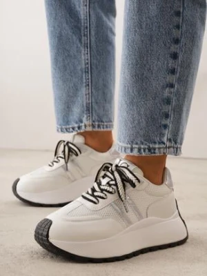Zdjęcie produktu Białe Sznurowane Sneakersy Vices na Grubej Podeszwie z Metaliczną Wstawką Nelenia