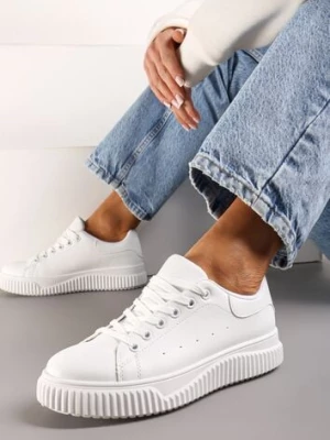 Białe Sznurowane Sneakersy z Ekoskóry na Grubej Podeszwie ze Żłobieniami Skripta