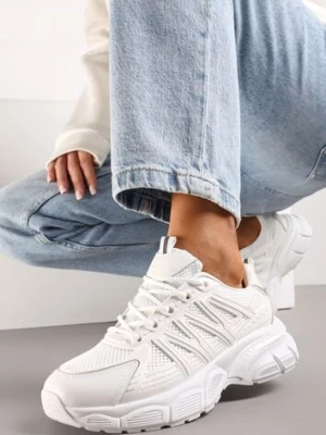 Białe Sznurowane Sneakersy z Ekoskóry z Siateczką i Odblaskami Aeriesa