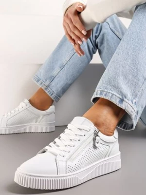 Białe Sznurowane Sneakersy z Naturalnej Skóry Ozdobione Suwakiem Ciarra