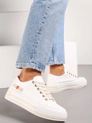 Białe Sznurowane Trampki na Grubej Podeszwie z Aplikacją Aniler