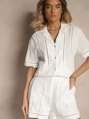 Białe Szorty z Bawełny High Waist Ozdobione Geometrycznym Wzorem Galessira