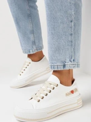 Białe Trampki na Grubej Podeszwie Sznurowane z Modną Aplikacją Aienel