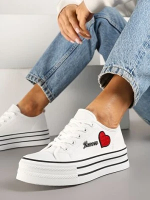 Białe Trampki na Grubej Podeszwie z Aplikacją i Napisem Eheria