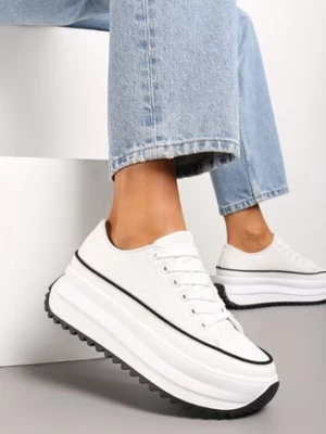 Białe Trampki Przed Kostkę na Wysokiej Platformie z Ozdobnym Protektorem Ligustra