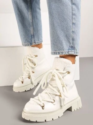 Białe Traperki Wiązane na Sznurek Ozdobione Kożuszkiem Sidonnie