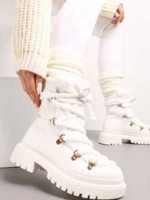 Białe Traperki Wiązane na Sznurek Ozdobione Kożuszkiem Sidonnie