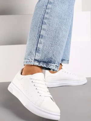 Białe Wiązane Sneakersy na Płaskiej Podeszwie z Modną Wstawką Zanelih