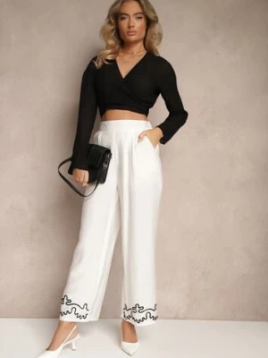 Białe Wiskozowe Spodnie o Szerokim Kroju z Lnem i Przeszyciami Fenelira melya by melody