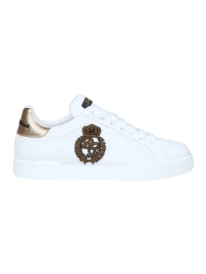 Białe/Złote Portofino Skórzane Sneakersy Dolce & Gabbana