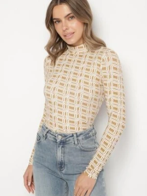 Biało-Beżowa Bawełniana Bluzka z Golfem i Długim Rękawem w Geometryczny Wzór Vilitila glo-story