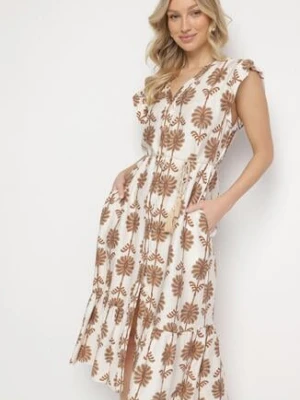 Biało-Beżowa Kwiatowa Sukienka z Bawełną i Falbanką Efanelia rosa