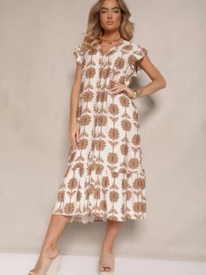 Biało-Beżowa Rozkloszowana Sukienka w Kwiaty z Bawełną Efalithea rosa